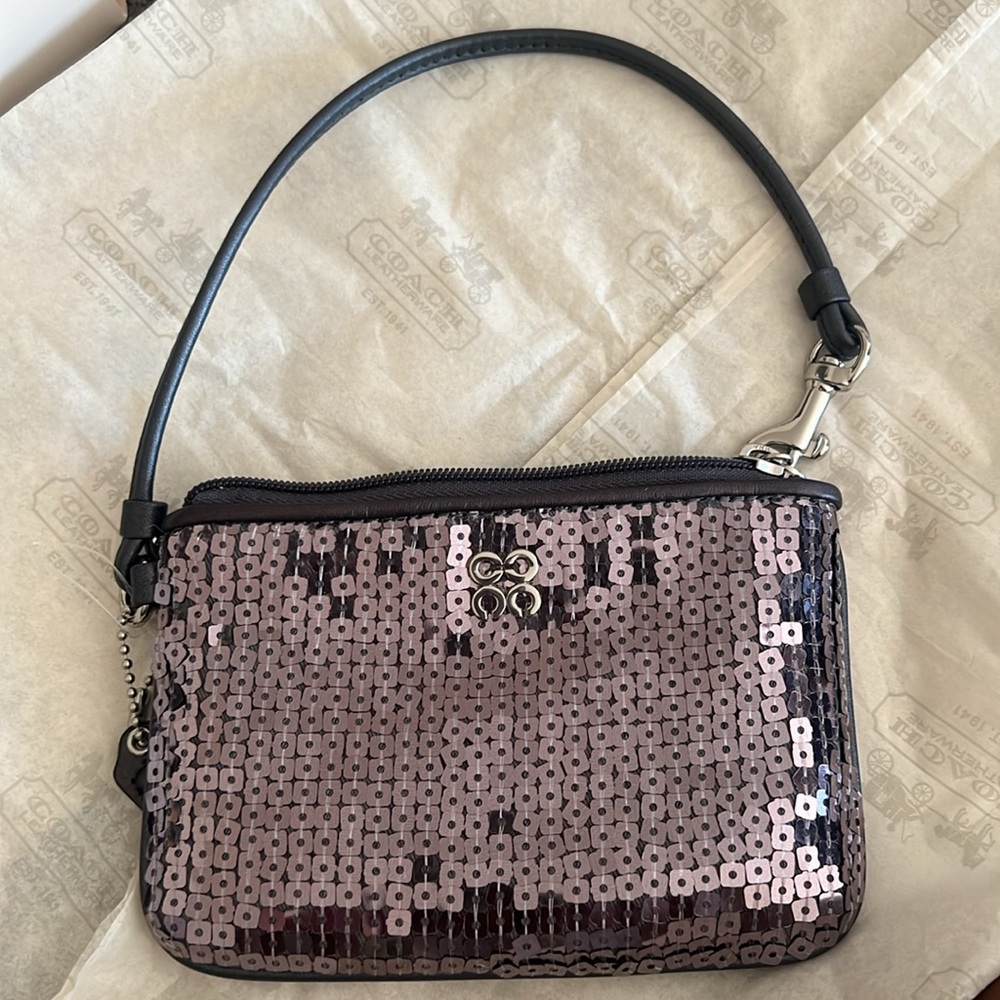 Coach Dark Gray Sequin Leather Wristlet‎ Clutch